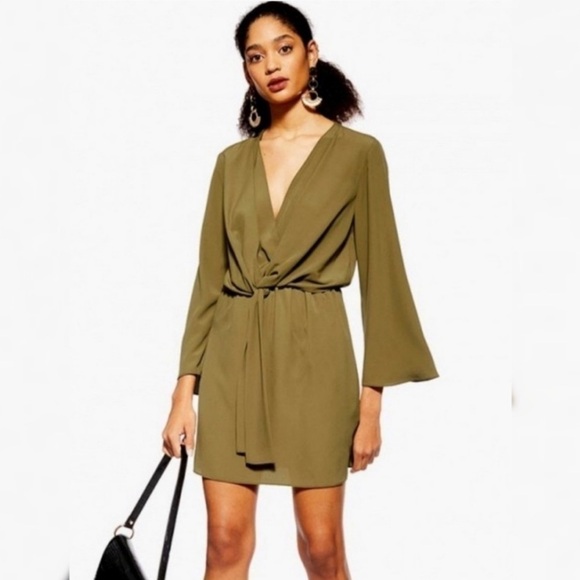 TOPSHOP Womens Mini Dress, Olive Green with Tie Front Size 6-#314 - Picture 1 of 14